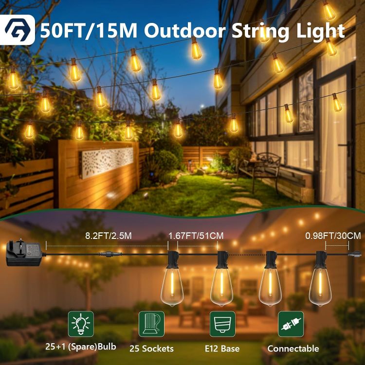 Picture of Garden Lights 50FT/15M, ST38 Outdoor String Lights, Warm White Waterproof Outdoor Festoon Lights Mains Powered with 25+1 Plastic LED Bulbs for Patio Balcony Party Wedding