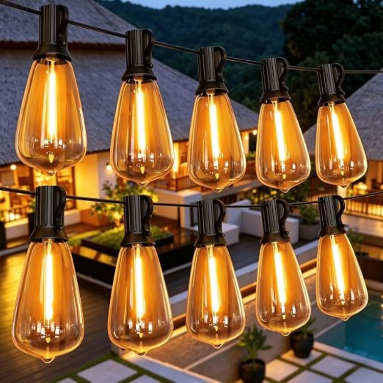 Picture of Garden Lights 50FT/15M, ST38 Outdoor String Lights, Warm White Waterproof Outdoor Festoon Lights Mains Powered with 25+1 Plastic LED Bulbs for Patio Balcony Party Wedding