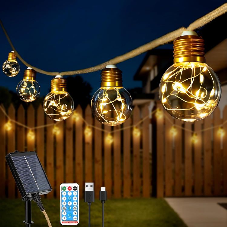 Picture of Solar Lights Outdoor Garden, 8M Hemp Rope Fairy Lights Solar Powered with 16 Shatterproof G50 Bulbs, 8 Modes Waterproof Festoon String Lights Outside for Balcony Fence Patio Party Gazebo Decor 