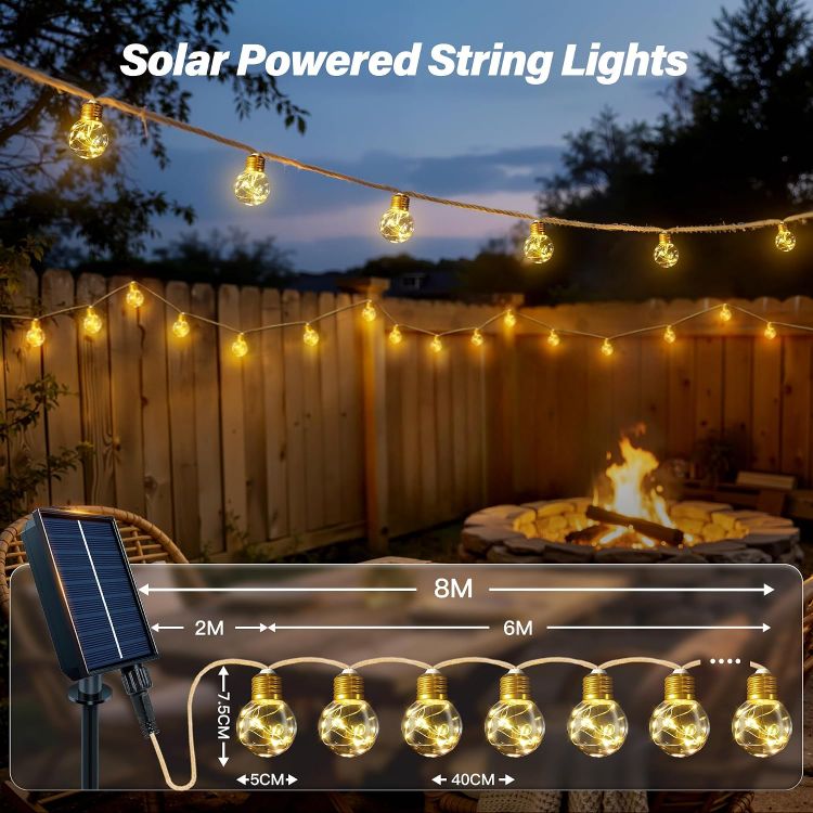 Picture of Solar Lights Outdoor Garden, 8M Hemp Rope Fairy Lights Solar Powered with 16 Shatterproof G50 Bulbs, 8 Modes Waterproof Festoon String Lights Outside for Balcony Fence Patio Party Gazebo Decor 