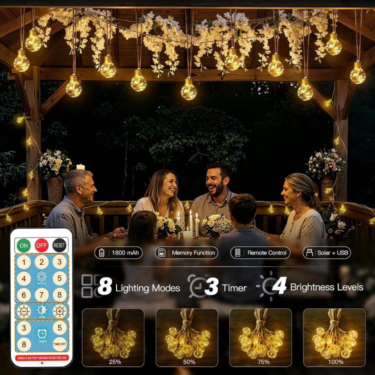 Picture of Solar Lights Outdoor Garden, 8M Hemp Rope Fairy Lights Solar Powered with 16 Shatterproof G50 Bulbs, 8 Modes Waterproof Festoon String Lights Outside for Balcony Fence Patio Party Gazebo Decor 