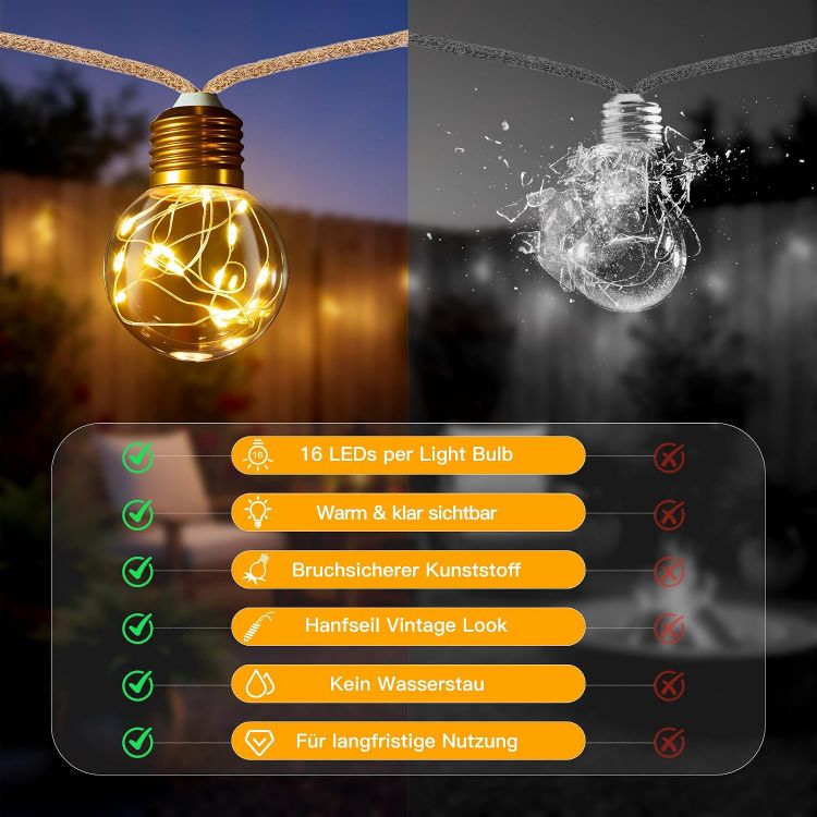Picture of Solar Lights Outdoor Garden, 8M Hemp Rope Fairy Lights Solar Powered with 16 Shatterproof G50 Bulbs, 8 Modes Waterproof Festoon String Lights Outside for Balcony Fence Patio Party Gazebo Decor 