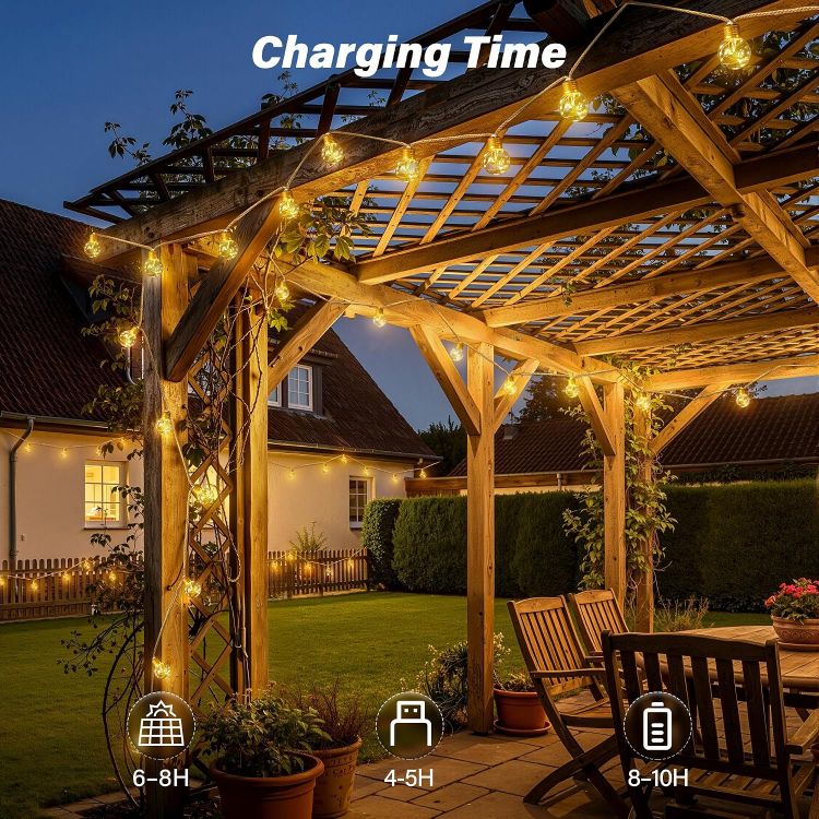 Picture of Solar Lights Outdoor Garden, 8M Hemp Rope Fairy Lights Solar Powered with 16 Shatterproof G50 Bulbs, 8 Modes Waterproof Festoon String Lights Outside for Balcony Fence Patio Party Gazebo Decor 