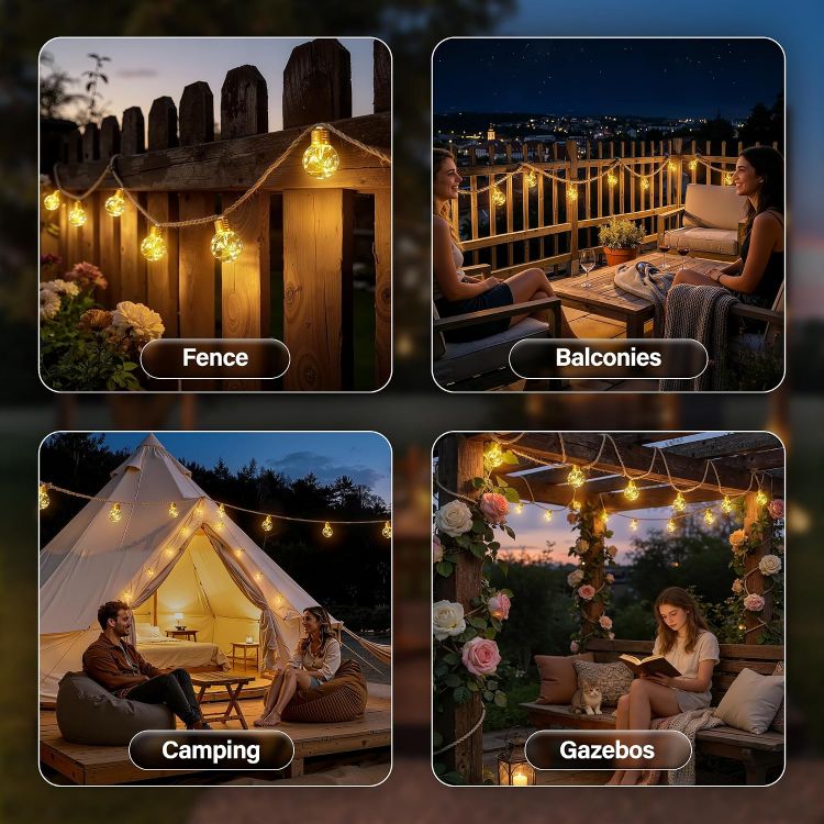 Picture of Solar Lights Outdoor Garden, 8M Hemp Rope Fairy Lights Solar Powered with 16 Shatterproof G50 Bulbs, 8 Modes Waterproof Festoon String Lights Outside for Balcony Fence Patio Party Gazebo Decor 