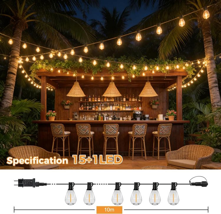 Picture of Outdoor String Lights Mains Powered 10m 15+1 LED S11 Festoon Lights Outdoor IP45 Waterproof Garden Lights with Remote Control Dimmable Timer 2200K Warm White for Garden Patio Balcony