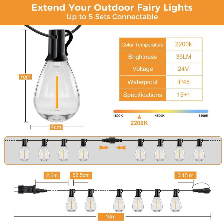 Picture of Outdoor String Lights Mains Powered 10m 15+1 LED S11 Festoon Lights Outdoor IP45 Waterproof Garden Lights with Remote Control Dimmable Timer 2200K Warm White for Garden Patio Balcony