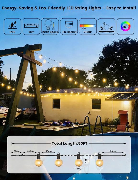 Picture of LED Outdoor String Lights Mains Powered, 50Ft Waterproof IP65 Garden String Lights, Shatterproof Festoon Lights for Outside Bistro Backyard Party Cafe