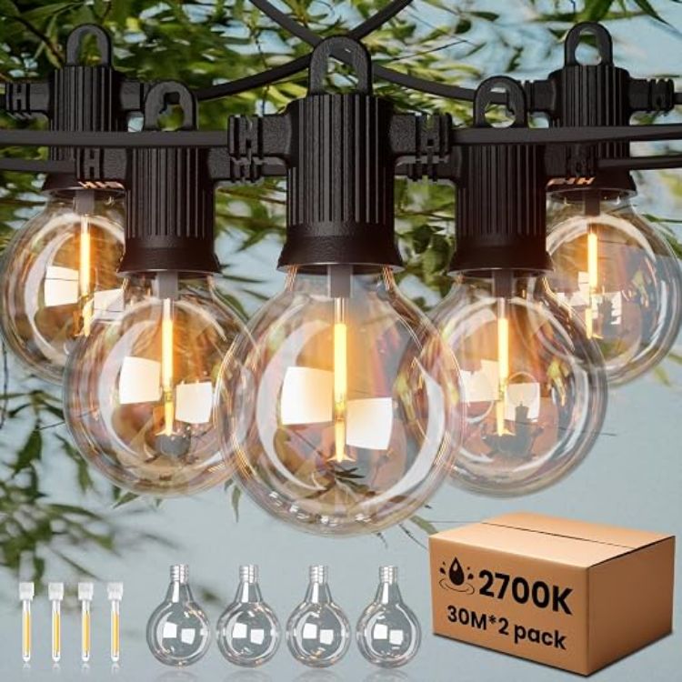 Picture of LED Outdoor String Lights Mains Powered, 50Ft Waterproof IP65 Garden String Lights, Shatterproof Festoon Lights for Outside Bistro Backyard Party Cafe