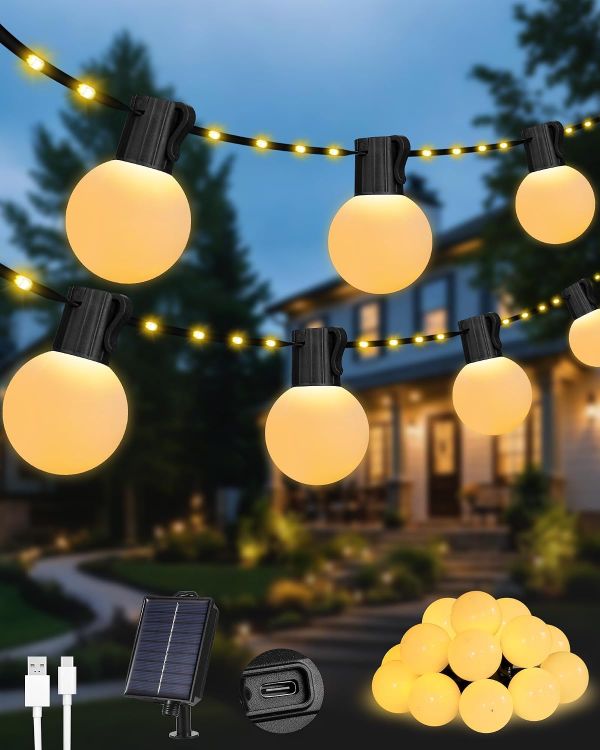 Picture of Solar Garden String Lights Outdoor, 33Ft/10M 100LEDs Solar Powered Fairy Lights with 20 Shatterproof G40 Bulbs, 8 Modes Waterproof USB/Solar Festoon Lights for Fence Camping Decor (Warm White)
