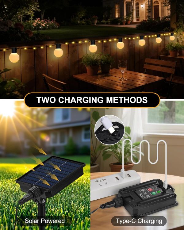 Picture of Solar Garden String Lights Outdoor, 33Ft/10M 100LEDs Solar Powered Fairy Lights with 20 Shatterproof G40 Bulbs, 8 Modes Waterproof USB/Solar Festoon Lights for Fence Camping Decor (Warm White)