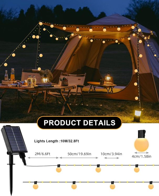 Picture of Solar Garden String Lights Outdoor, 33Ft/10M 100LEDs Solar Powered Fairy Lights with 20 Shatterproof G40 Bulbs, 8 Modes Waterproof USB/Solar Festoon Lights for Fence Camping Decor (Warm White)