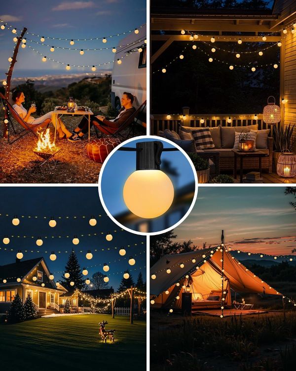 Picture of Solar Garden String Lights Outdoor, 33Ft/10M 100LEDs Solar Powered Fairy Lights with 20 Shatterproof G40 Bulbs, 8 Modes Waterproof USB/Solar Festoon Lights for Fence Camping Decor (Warm White)