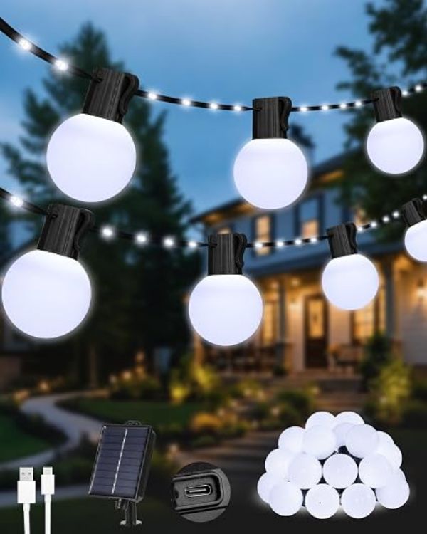 Picture of Solar Garden String Lights Outdoor, 33Ft/10M 100LEDs Solar Powered Fairy Lights with 20 Shatterproof G40 Bulbs, 8 Modes Waterproof USB/Solar Festoon Lights for Fence Camping Decor (Warm White)