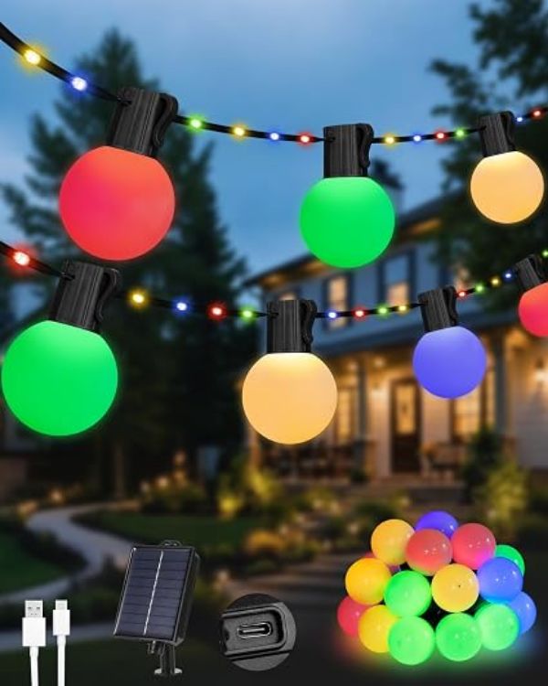 Picture of Solar Garden String Lights Outdoor, 33Ft/10M 100LEDs Solar Powered Fairy Lights with 20 Shatterproof G40 Bulbs, 8 Modes Waterproof USB/Solar Festoon Lights for Fence Camping Decor (Warm White)