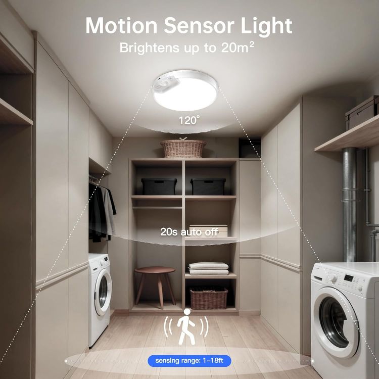 Picture of Homelist Motion Sensor Ceiling Light, 8000mAh, 8-Inch, 500 lm, 1 Pack LED Ceiling Light with Remote, Battery Powered Rechargeable Dimmable Sensor Lights, Bathroom Garage Shed Loft Hallway Stair