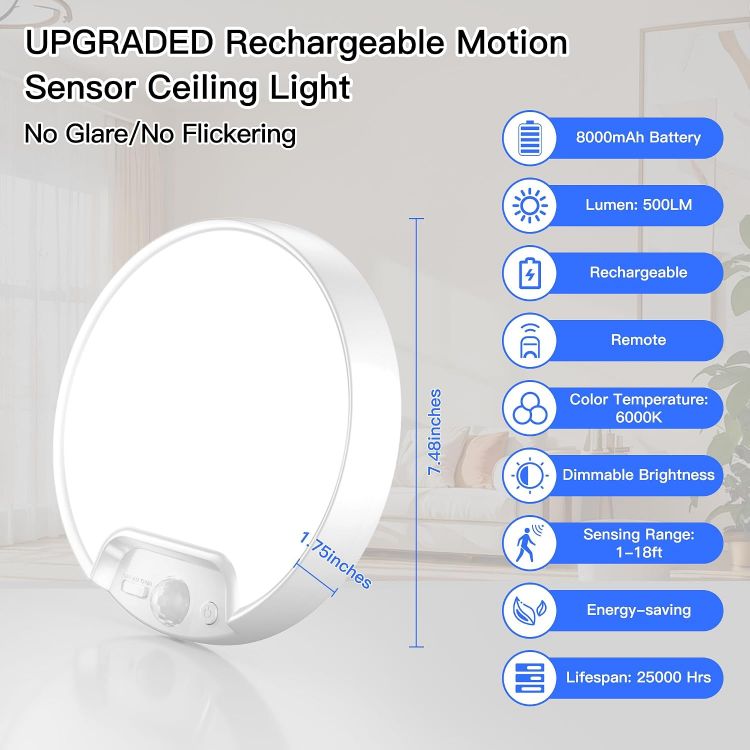 Picture of Homelist Motion Sensor Ceiling Light, 8000mAh, 8-Inch, 500 lm, 1 Pack LED Ceiling Light with Remote, Battery Powered Rechargeable Dimmable Sensor Lights, Bathroom Garage Shed Loft Hallway Stair