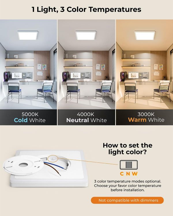 Picture of  18W LED Ceiling Light with Night Light, 1800LM 3000K/4000K/5000K, 22CM Waterproof Bathroom Light, Square Flush Ceiling Light for Kitchen Bedroom Hallway Porch Living Room, White