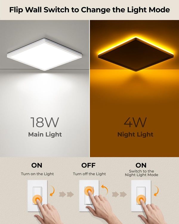 Picture of  18W LED Ceiling Light with Night Light, 1800LM 3000K/4000K/5000K, 22CM Waterproof Bathroom Light, Square Flush Ceiling Light for Kitchen Bedroom Hallway Porch Living Room, White
