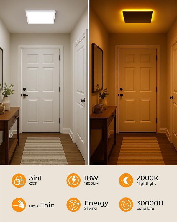 Picture of  18W LED Ceiling Light with Night Light, 1800LM 3000K/4000K/5000K, 22CM Waterproof Bathroom Light, Square Flush Ceiling Light for Kitchen Bedroom Hallway Porch Living Room, White