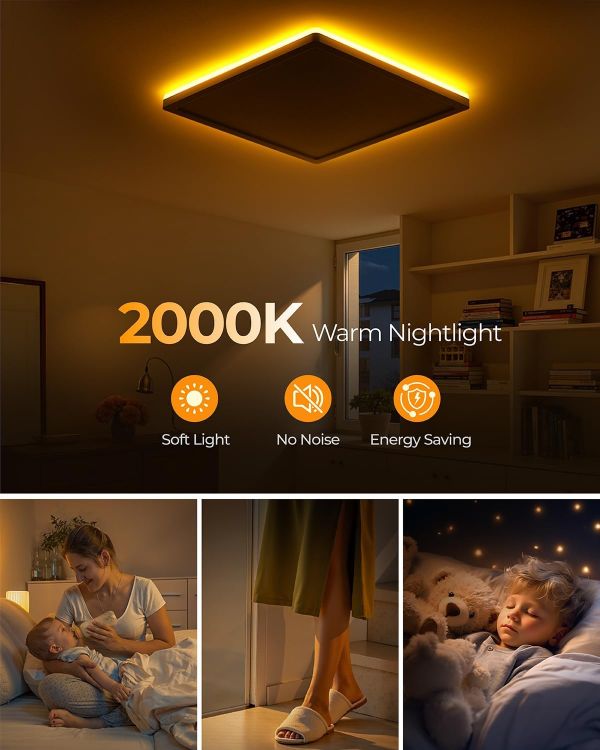 Picture of  18W LED Ceiling Light with Night Light, 1800LM 3000K/4000K/5000K, 22CM Waterproof Bathroom Light, Square Flush Ceiling Light for Kitchen Bedroom Hallway Porch Living Room, White