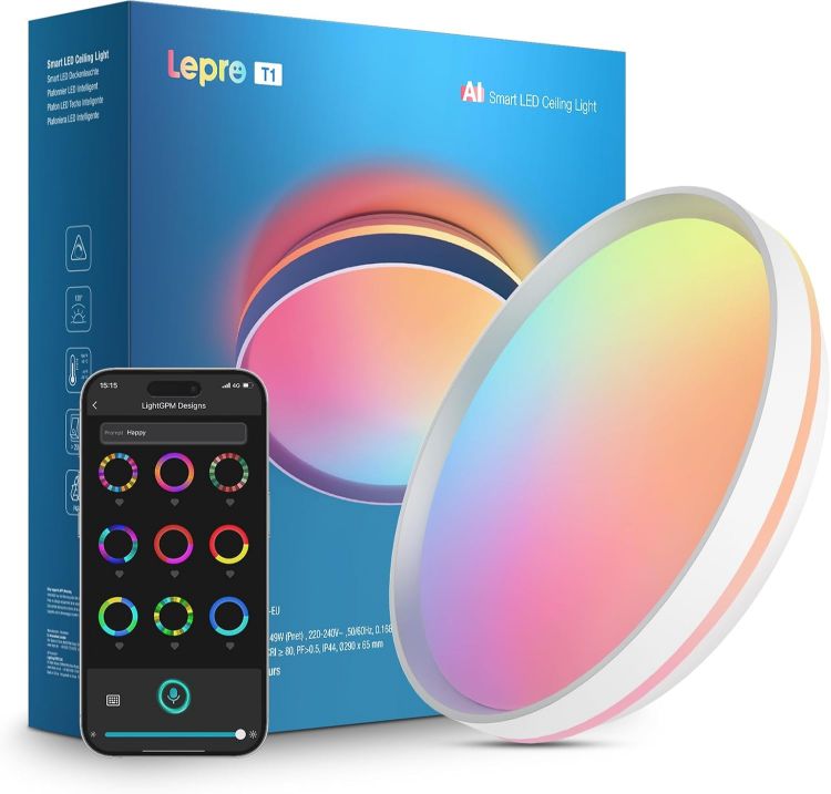 Picture of Lepro AI Smart Ceiling Light, 24W Dimmable Ceiling Light, Round Ø29cm 1800LM Tunable Light 2700-5700K, Works with Alexa & Google Assistant, Colour DIY for Bedroom, Bathroom, Living Room, Kitchen