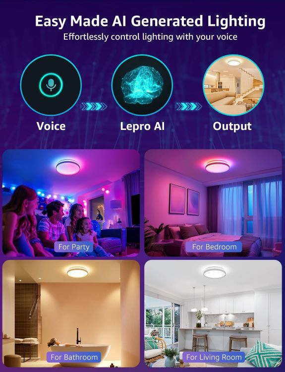 Picture of Lepro AI Smart Ceiling Light, 24W Dimmable Ceiling Light, Round Ø29cm 1800LM Tunable Light 2700-5700K, Works with Alexa & Google Assistant, Colour DIY for Bedroom, Bathroom, Living Room, Kitchen