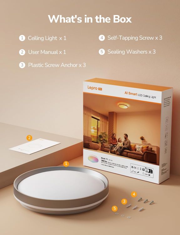 Picture of Lepro AI Smart Ceiling Light, 24W Dimmable Ceiling Light, Round Ø29cm 1800LM Tunable Light 2700-5700K, Works with Alexa & Google Assistant, Colour DIY for Bedroom, Bathroom, Living Room, Kitchen