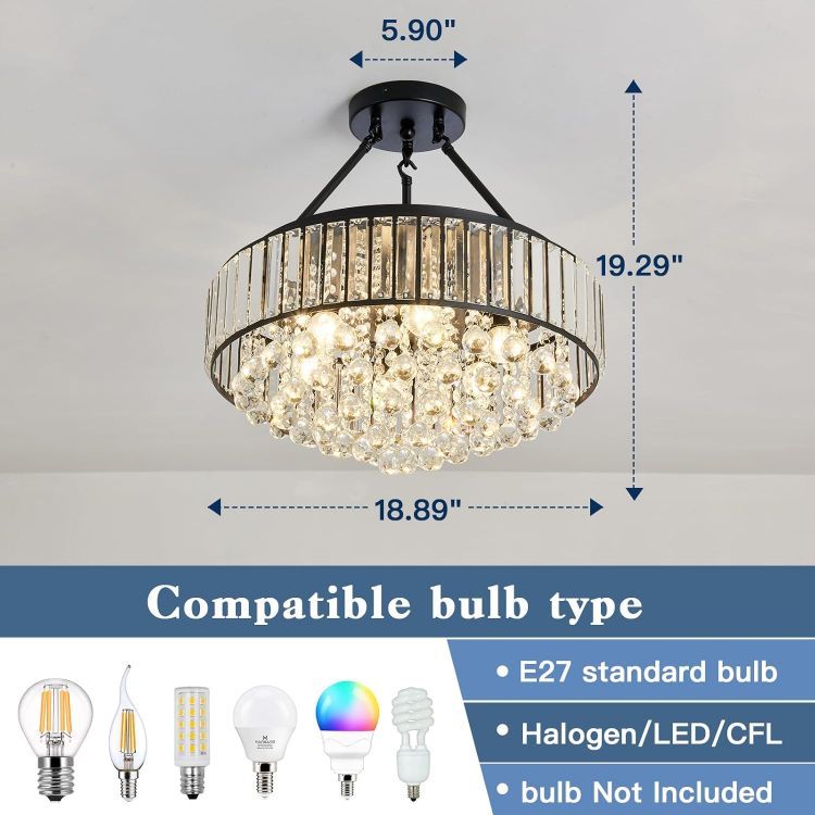Picture of 6-Lights Modern Crystal Chandelier Black Metal Semi Flush Mount Ceiling Light Fitting Round Ceiling Light for Dining Room Living Room Bedroom Bathroom Kitchen
