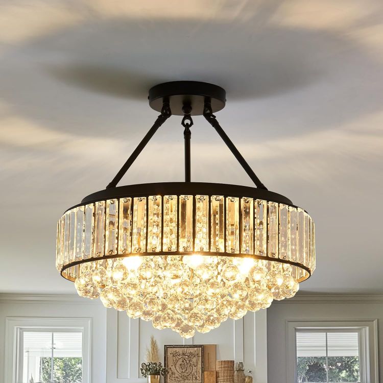 Picture of 6-Lights Modern Crystal Chandelier Black Metal Semi Flush Mount Ceiling Light Fitting Round Ceiling Light for Dining Room Living Room Bedroom Bathroom Kitchen