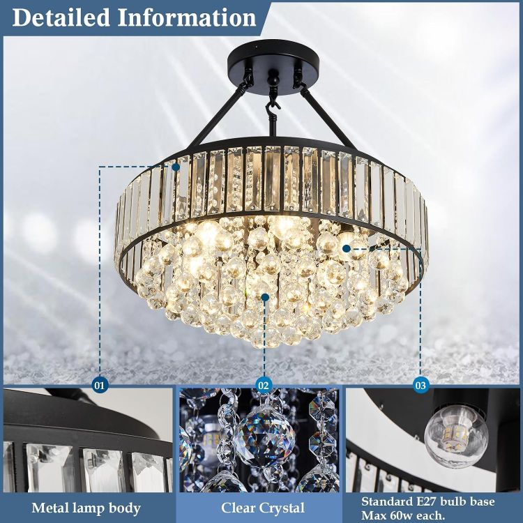 Picture of 6-Lights Modern Crystal Chandelier Black Metal Semi Flush Mount Ceiling Light Fitting Round Ceiling Light for Dining Room Living Room Bedroom Bathroom Kitchen