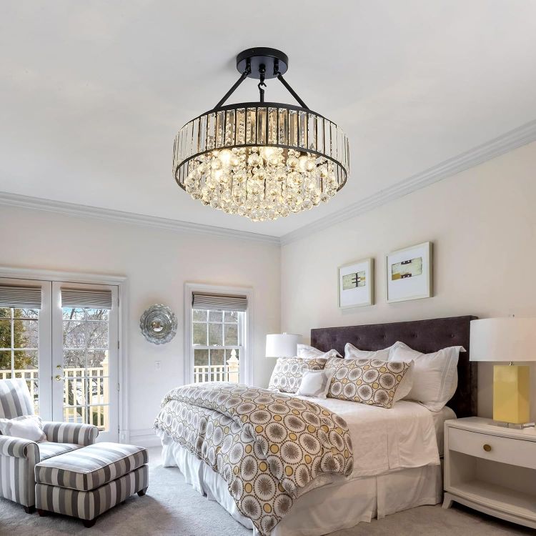 Picture of 6-Lights Modern Crystal Chandelier Black Metal Semi Flush Mount Ceiling Light Fitting Round Ceiling Light for Dining Room Living Room Bedroom Bathroom Kitchen