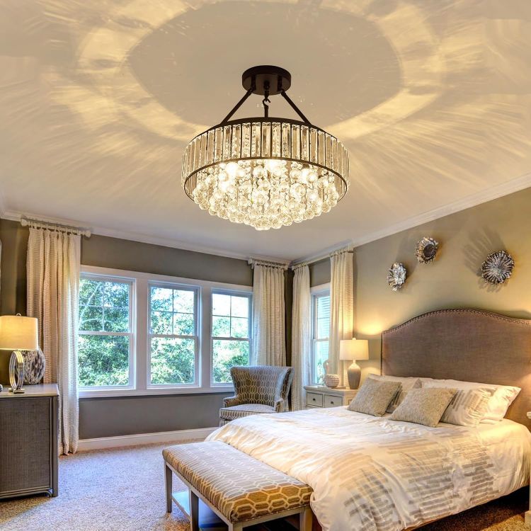 Picture of 6-Lights Modern Crystal Chandelier Black Metal Semi Flush Mount Ceiling Light Fitting Round Ceiling Light for Dining Room Living Room Bedroom Bathroom Kitchen