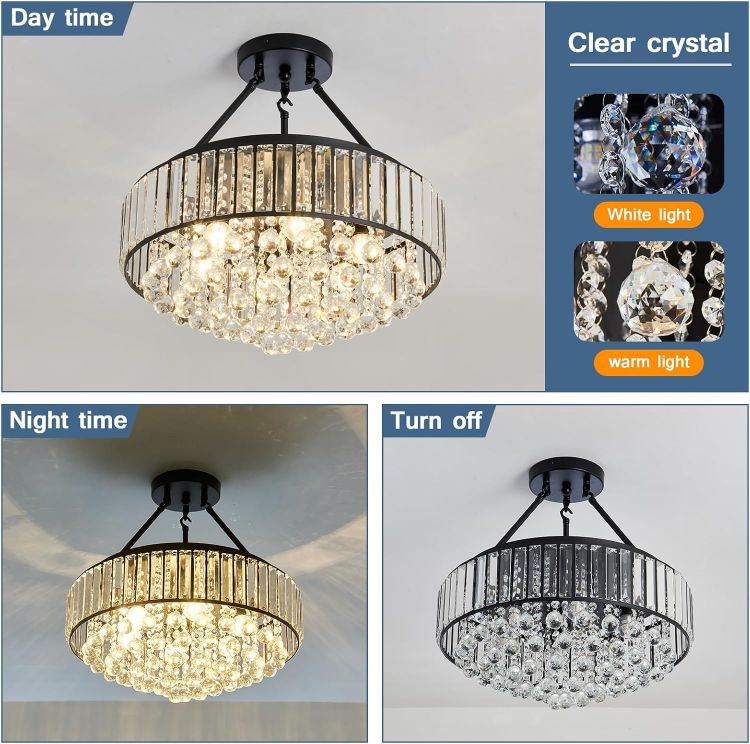 Picture of 6-Lights Modern Crystal Chandelier Black Metal Semi Flush Mount Ceiling Light Fitting Round Ceiling Light for Dining Room Living Room Bedroom Bathroom Kitchen