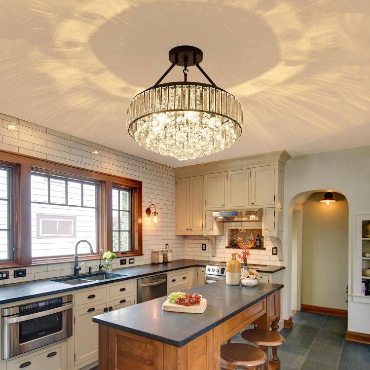 Picture of 6-Lights Modern Crystal Chandelier Black Metal Semi Flush Mount Ceiling Light Fitting Round Ceiling Light for Dining Room Living Room Bedroom Bathroom Kitchen