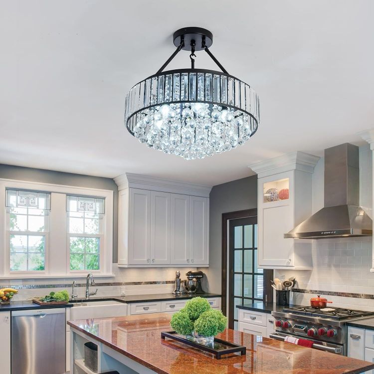 Picture of 6-Lights Modern Crystal Chandelier Black Metal Semi Flush Mount Ceiling Light Fitting Round Ceiling Light for Dining Room Living Room Bedroom Bathroom Kitchen