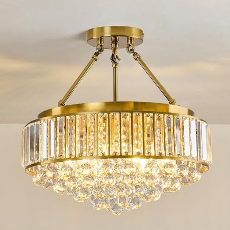 Picture of 6-Lights Modern Crystal Chandelier Black Metal Semi Flush Mount Ceiling Light Fitting Round Ceiling Light for Dining Room Living Room Bedroom Bathroom Kitchen