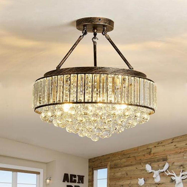Picture of 6-Lights Modern Crystal Chandelier Black Metal Semi Flush Mount Ceiling Light Fitting Round Ceiling Light for Dining Room Living Room Bedroom Bathroom Kitchen