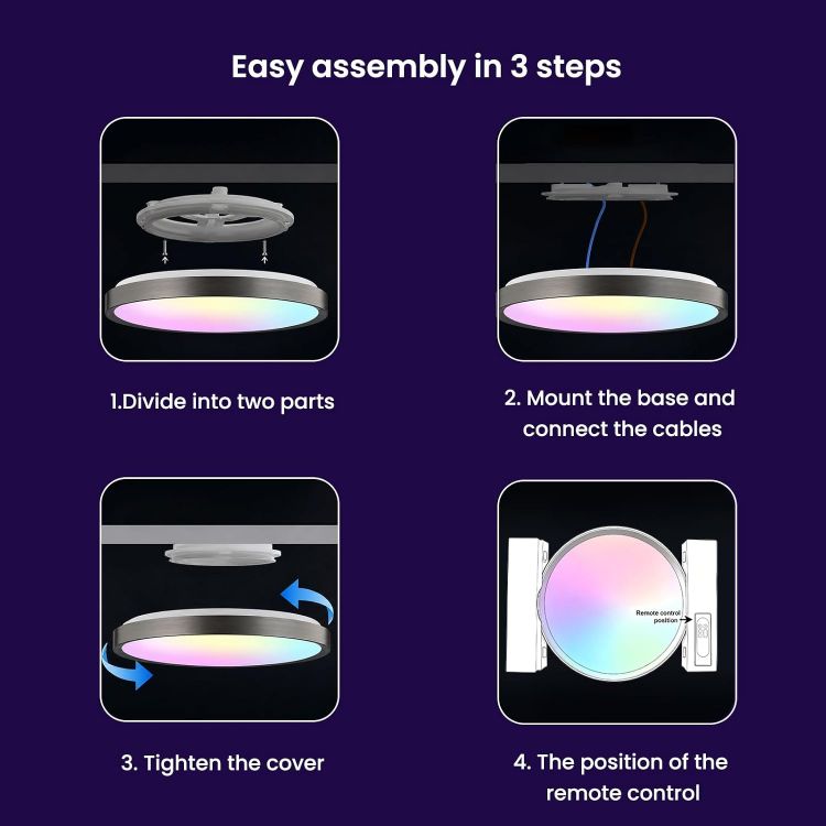 Picture of Smart Ceiling Light, LED Ceiling Light, RGB Ceiling Light, 38 W, 2300 Lumen, 2700-6500 K, Dimmable Lamp, DIY Compatible with Alexa, for Living Room, Bedroom, Kitchen, Hallway, 40 CM 