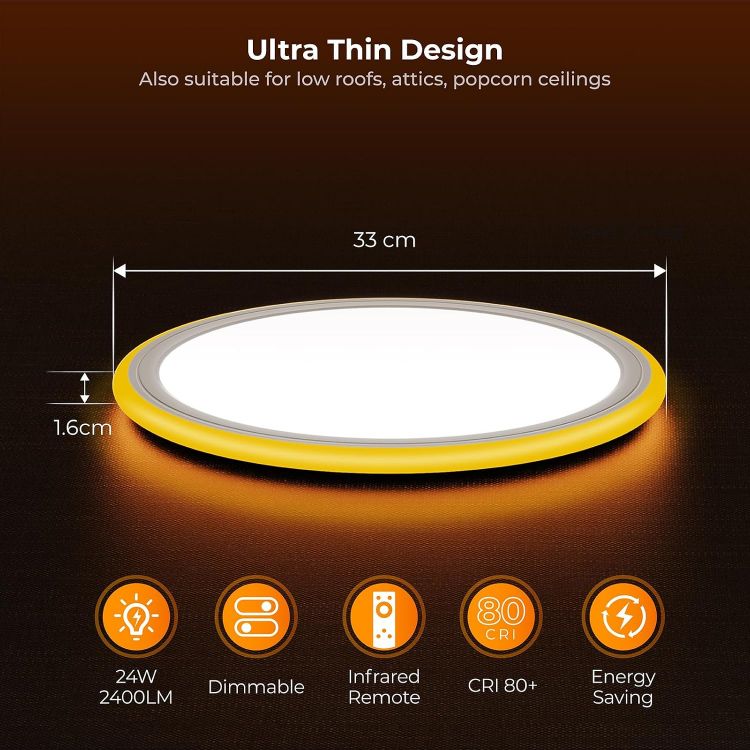 Picture of Dimmable LED Ceiling Light with Remote Control, 2000K Nightlight, 24W Bathroom Lights Ceiling, 3000K-6500K Ceiling Lights for Bedroom, Kitchen, Living Room, Kid's Room, Round White 33CM