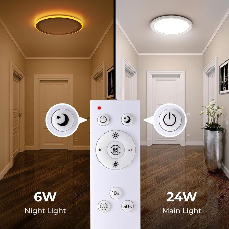 Picture of Dimmable LED Ceiling Light with Remote Control, 2000K Nightlight, 24W Bathroom Lights Ceiling, 3000K-6500K Ceiling Lights for Bedroom, Kitchen, Living Room, Kid's Room, Round White 33CM