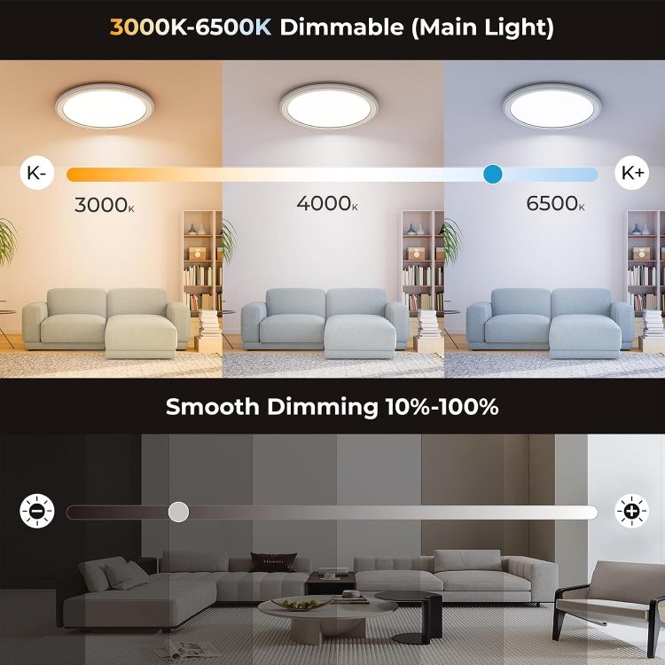 Picture of Dimmable LED Ceiling Light with Remote Control, 2000K Nightlight, 24W Bathroom Lights Ceiling, 3000K-6500K Ceiling Lights for Bedroom, Kitchen, Living Room, Kid's Room, Round White 33CM