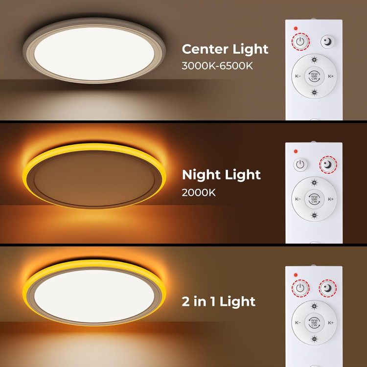 Picture of Dimmable LED Ceiling Light with Remote Control, 2000K Nightlight, 24W Bathroom Lights Ceiling, 3000K-6500K Ceiling Lights for Bedroom, Kitchen, Living Room, Kid's Room, Round White 33CM