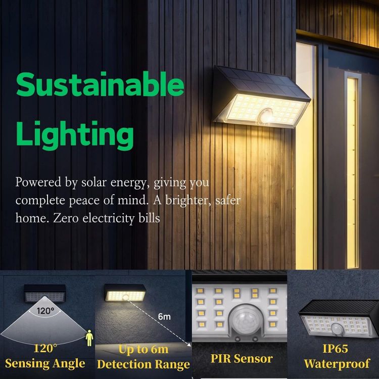 Picture of Outdoor Solar-Powered Motion Sensor Wall Lights, LED Security Lights IP65 Waterproof, 3000K Colour Temperature, 4 Lighting Modes Suitable for Yard,Fence,Garden,Pathway（2 Packs）