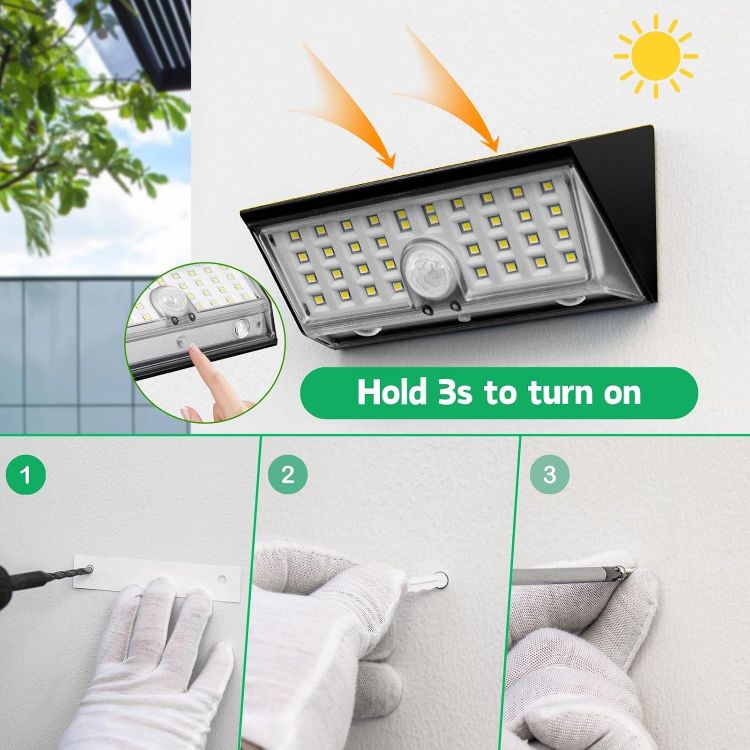 Picture of Outdoor Solar-Powered Motion Sensor Wall Lights, LED Security Lights IP65 Waterproof, 3000K Colour Temperature, 4 Lighting Modes Suitable for Yard,Fence,Garden,Pathway（2 Packs）