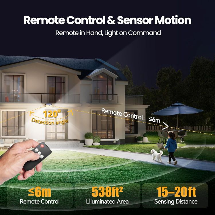 Picture of 546 LED Solar Lights Outdoor Garden with Remote Control & Hook, 7500LM Motion Sensor Solar Light with 2200mAh, 300° Angle & 3 Modes Wall Lights IP66 Waterproof for Fence Garage Yard, 2 PCS