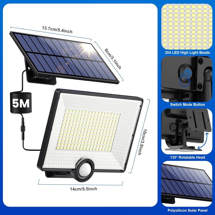 Picture of Solar Lights Outdoor with Split Panel, 204LED Solar Security Lights with PIR Motion Sensor, 270°Wide Angle 3 Modes Solar Powered Garden Lights IP65 Wall Lights for Garden Garage