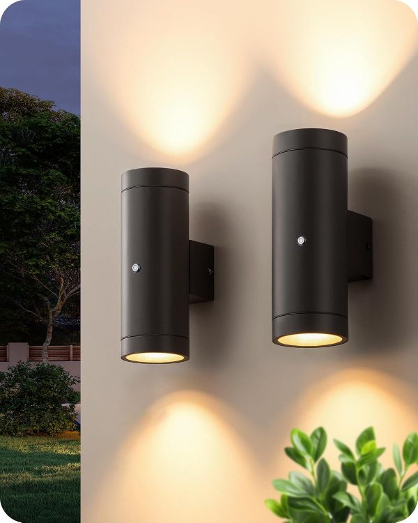 Picture of Dusk to Dawn Outdoor Wall Lights Mains Powered, 2 Pack, Black Modern Porch Light, IP44 Waterprof Aluminum, with Clear Tempered Glass Shade, GU10, for Patio, Terrace, Hallway, Garage