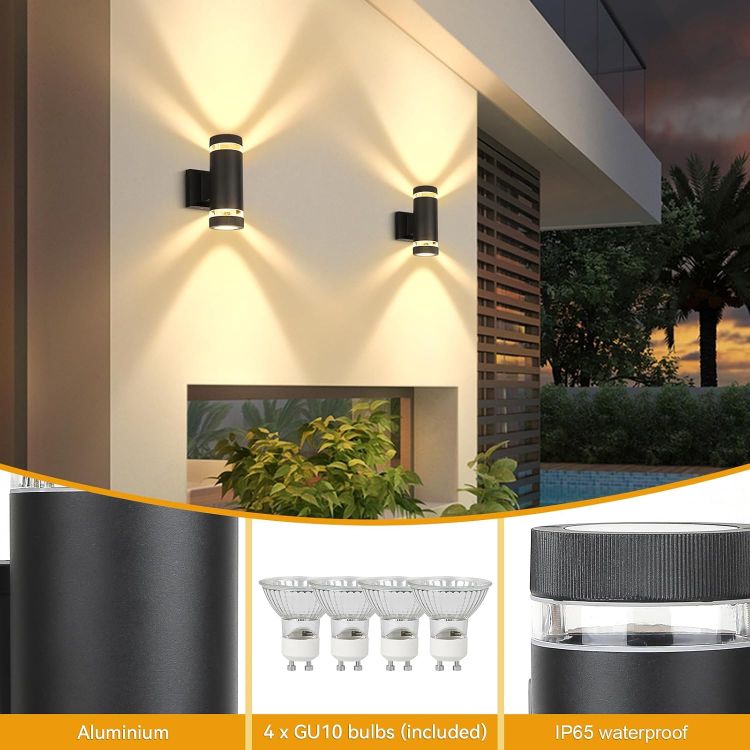 Picture of Outdoor Wall Lights Up Down IP65 Round 3000K GU 10 Black 2 pcs Outside Lights Mains Powered IP65 Outdoor Wall Lights Front Door Light Suitable for Indoors, Outdoors, Corridors, Gardens
