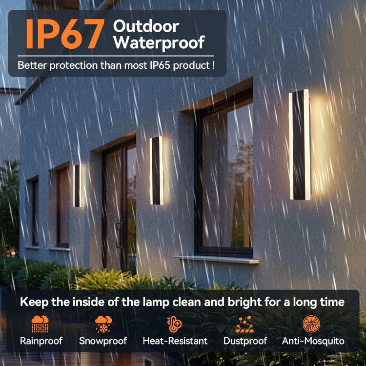 Picture of 30cm 2 Pack Outdoor Wall Lights, Modern LED Outside Lights Mains Powered, Ip67 Waterproof External Lights, 3000K Warm White Light Black Exterior Wall Light for Front Door Porch Garage 