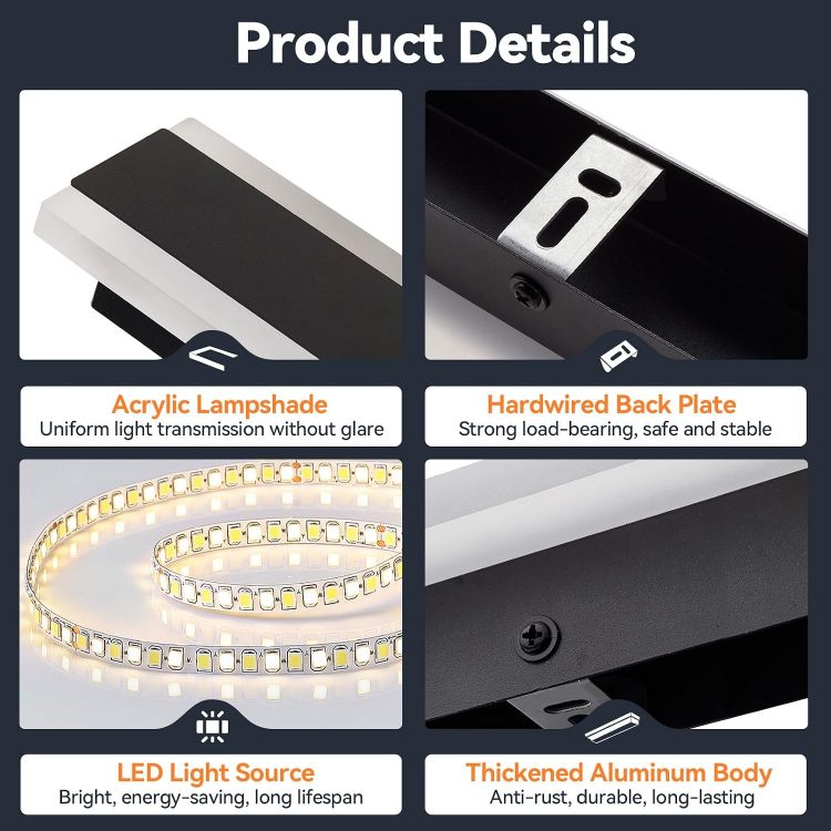 Picture of 30cm 2 Pack Outdoor Wall Lights, Modern LED Outside Lights Mains Powered, Ip67 Waterproof External Lights, 3000K Warm White Light Black Exterior Wall Light for Front Door Porch Garage 